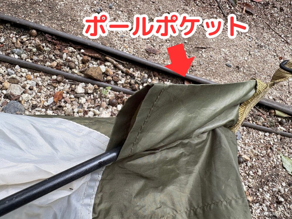 テントのポールをポールポケットに差し込んでいる