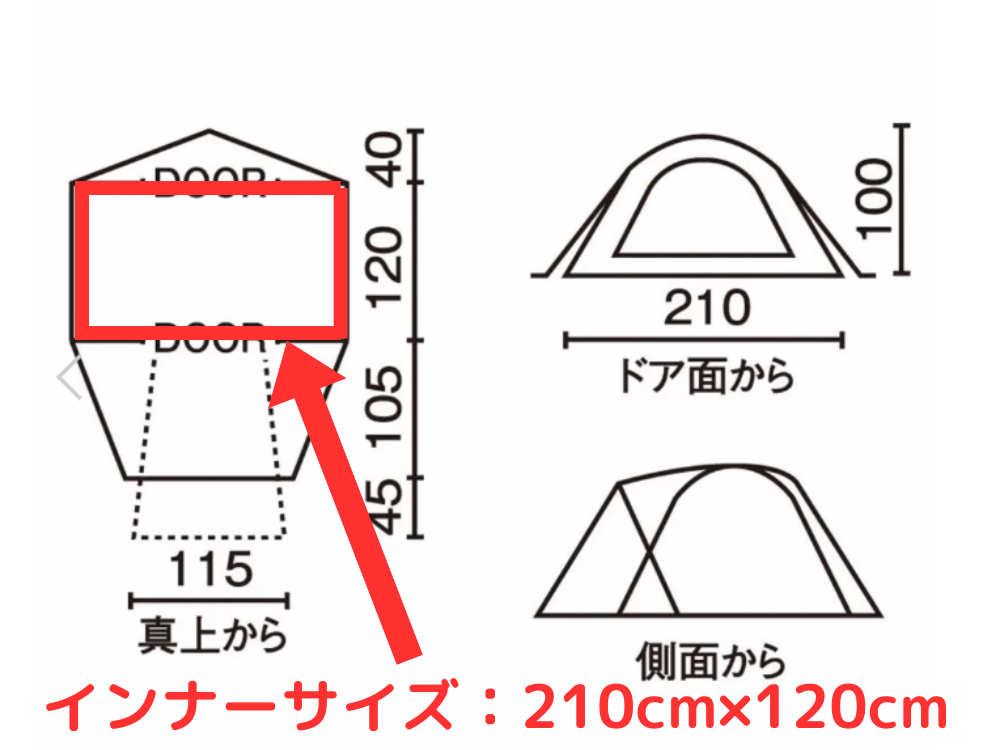 210×120cmのインナースペースがハイライトされている